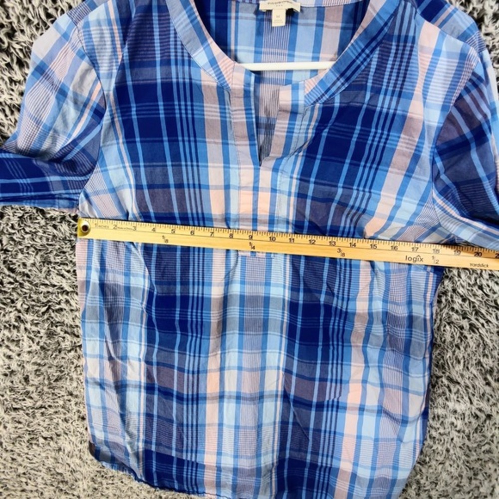 Talbots Womens Preppy Coastal Plaid Bell Sleeve Blouse M Blue Pink Split Neck - Picture 2 of 8